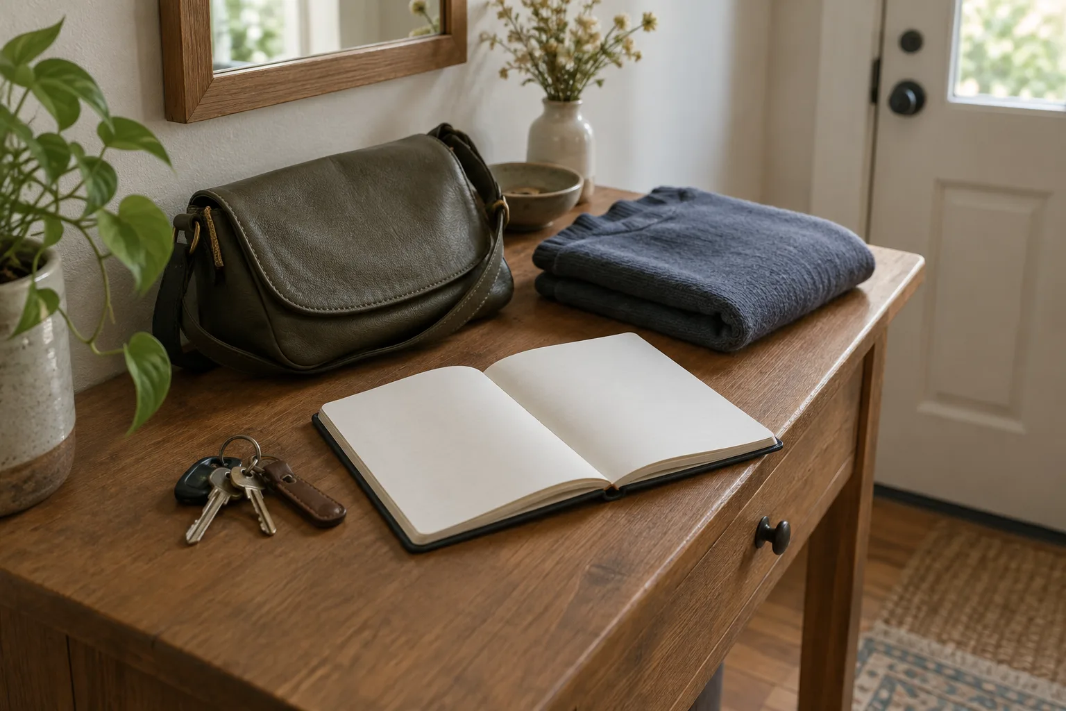 Près de l’entrée, un sac, des clés et des vêtements sont rassemblés pour le lendemain.