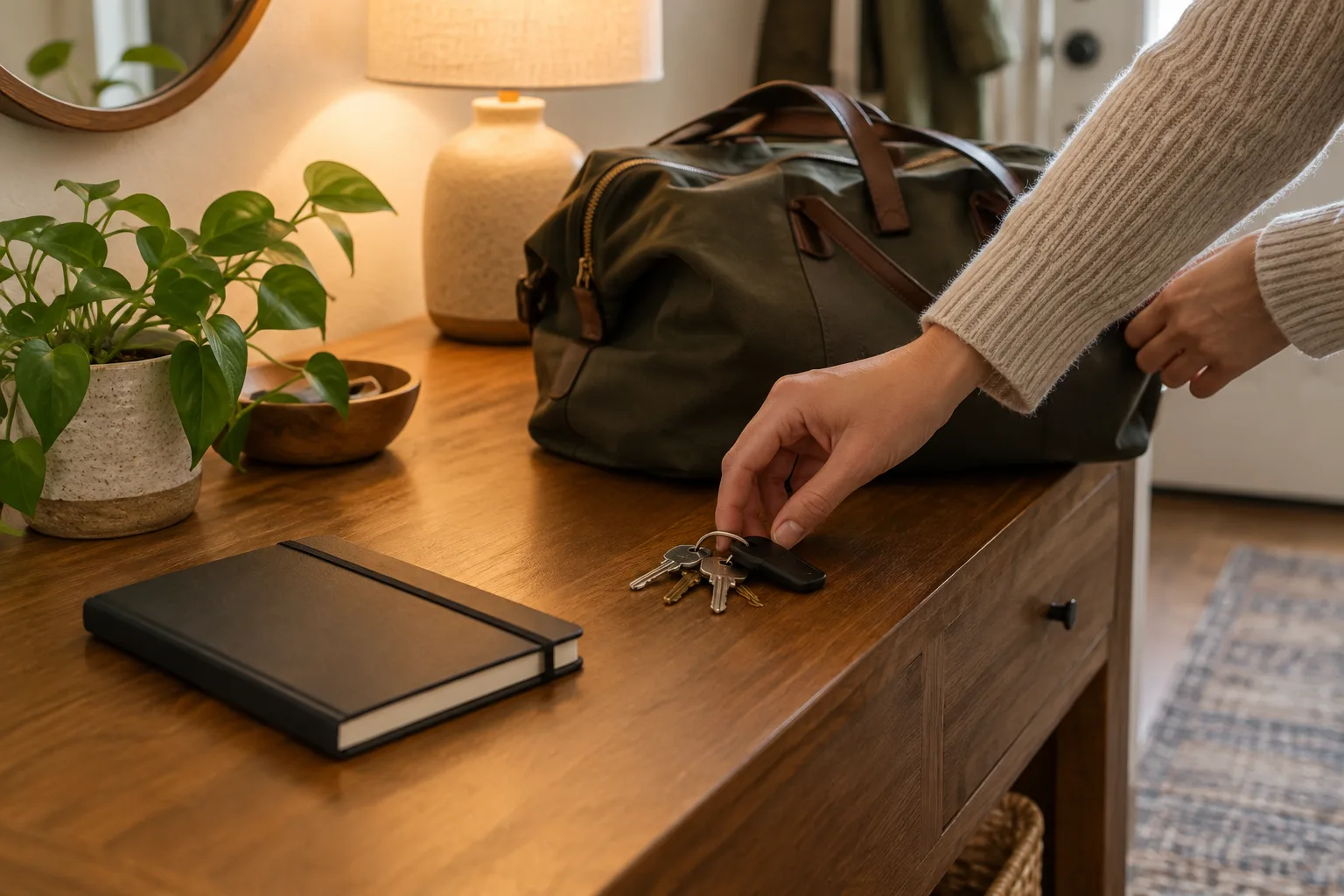 Des clés, un sac et un carnet réunis sur une petite table près de l’entrée.