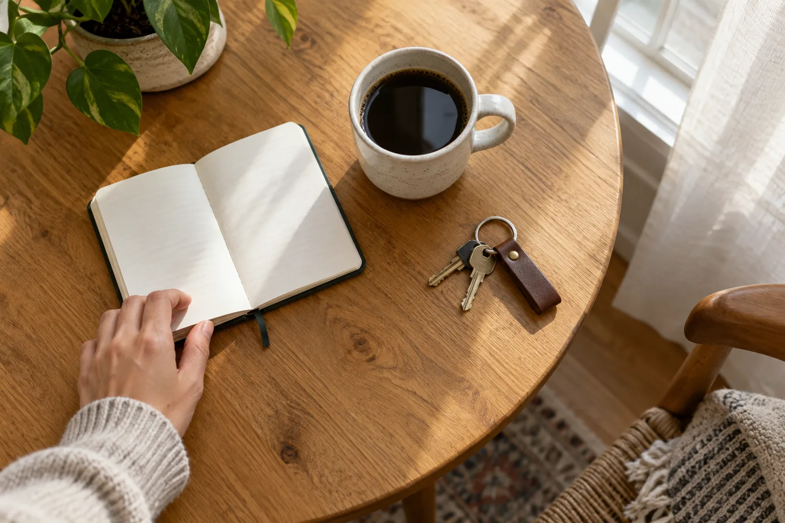 Une main s’approche d’un carnet, d’une tasse et de clés disposés sur une table.