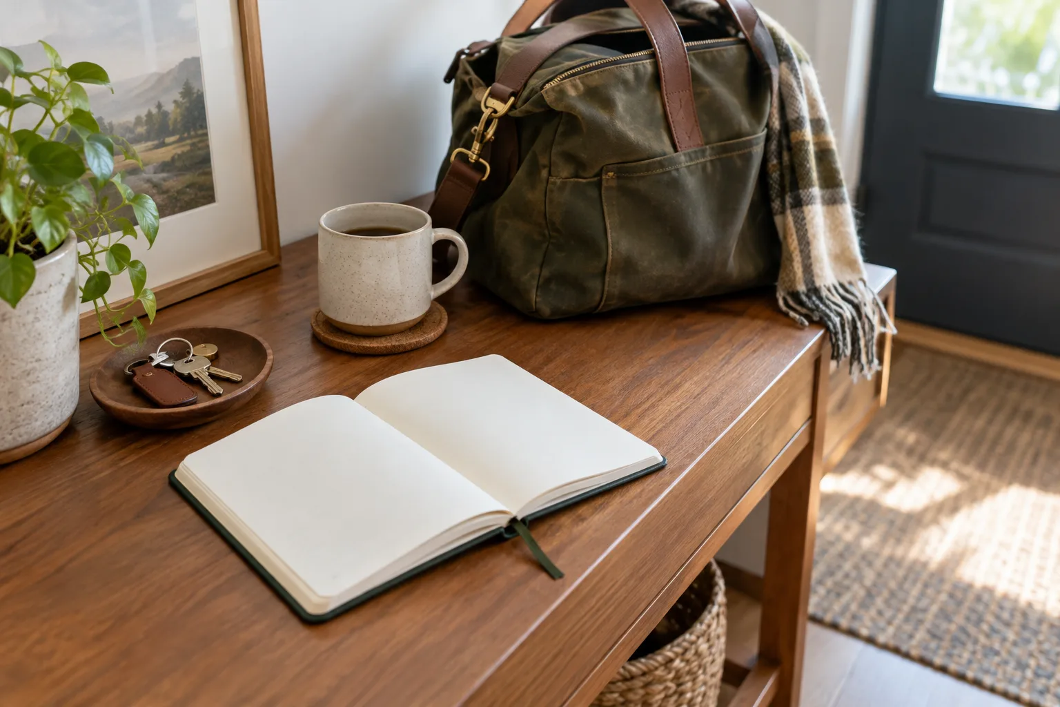 Un carnet ouvert et un sac prêt à partir sur une petite table éclairée par la lumière du matin.