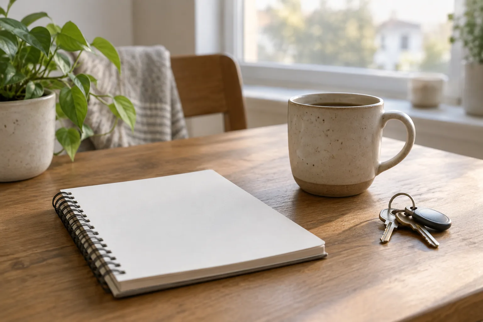 Un carnet sans texte, une tasse et des clés posés ensemble dans une lumière douce.