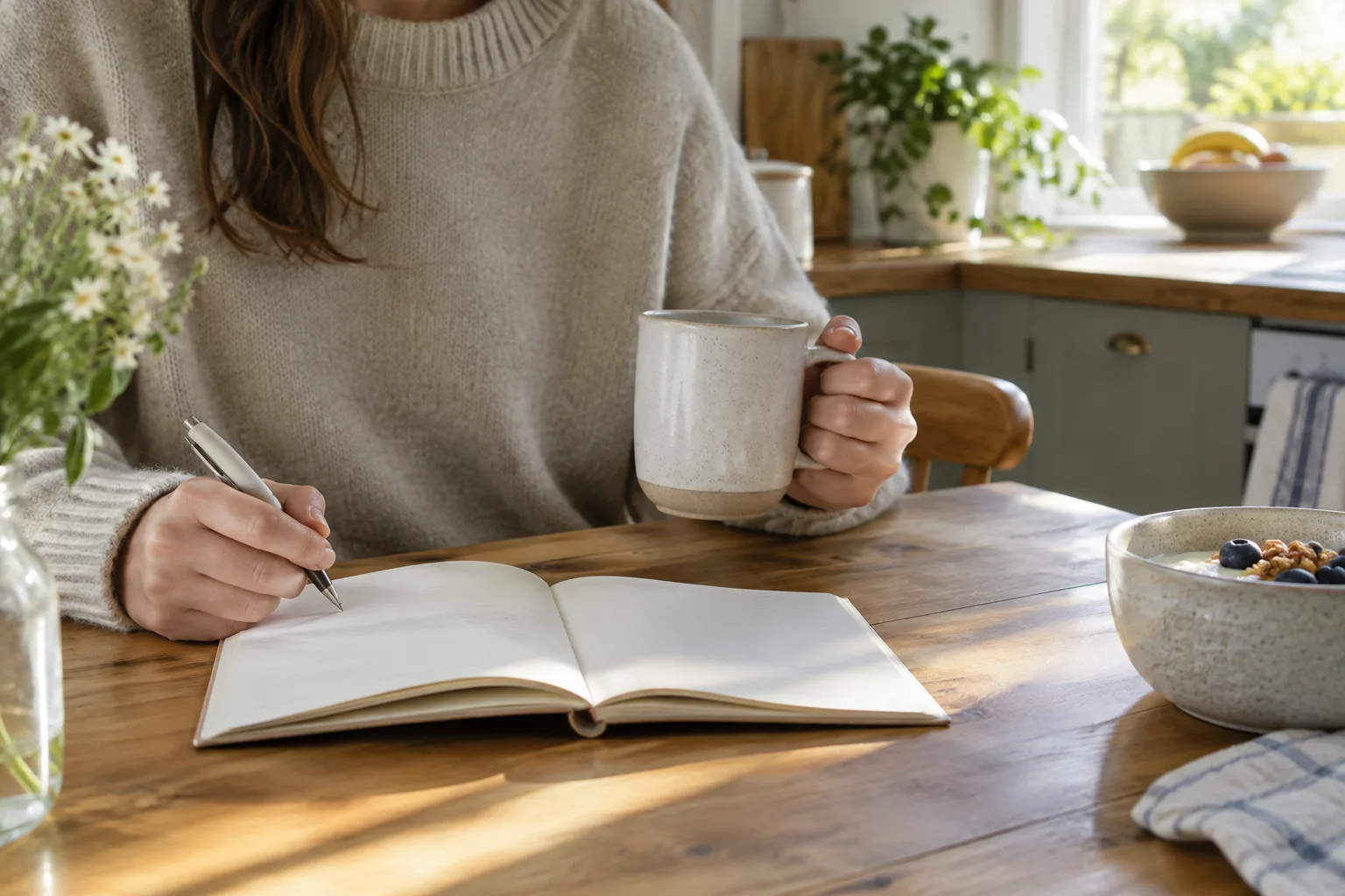 Un carnet et une tasse posés sur une table près d’une fenêtre éclairée par le matin.
