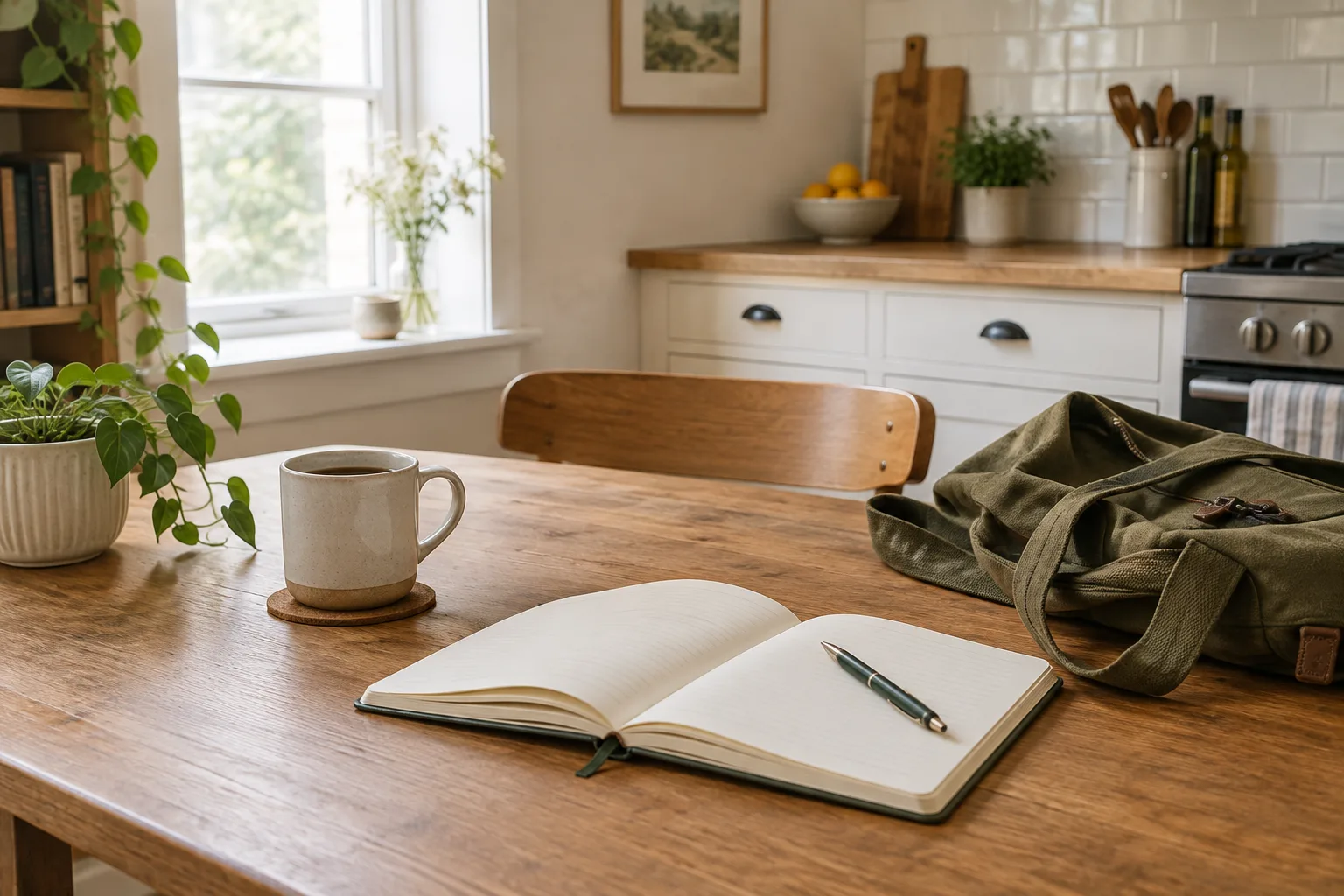 Un carnet, une tasse et un sac sont posés sur une table près d’une fenêtre lumineuse.