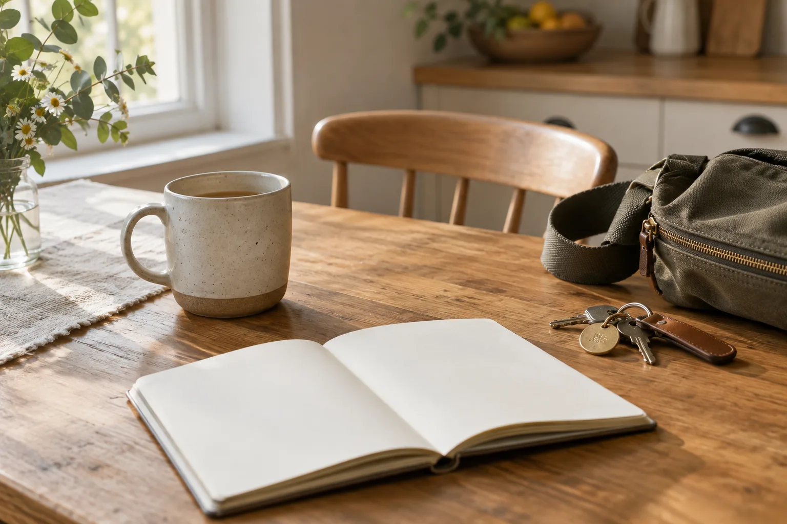 Un carnet ouvert, une tasse et des clés réunis sur une table près d’une fenêtre.