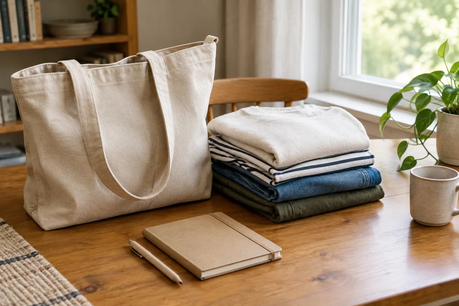 Un sac et un carnet préparés sur une table près d’une fenêtre lumineuse.
