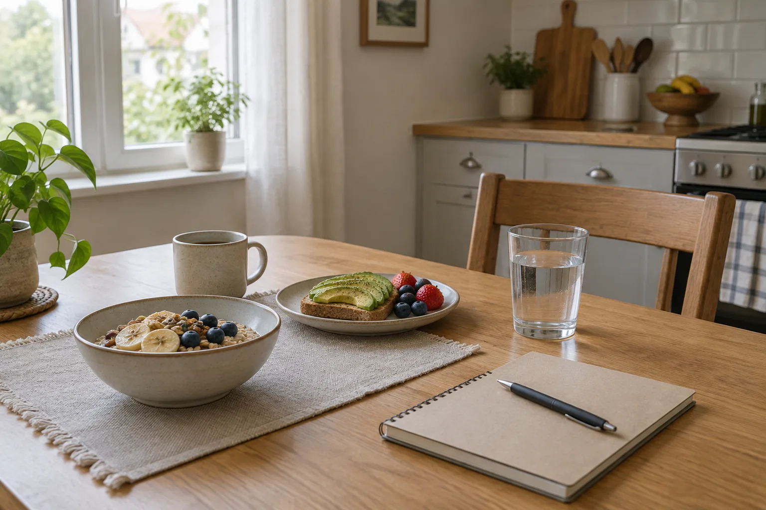 Un petit-déjeuner simple et un carnet posés sur une table éclairée par la lumière du matin.