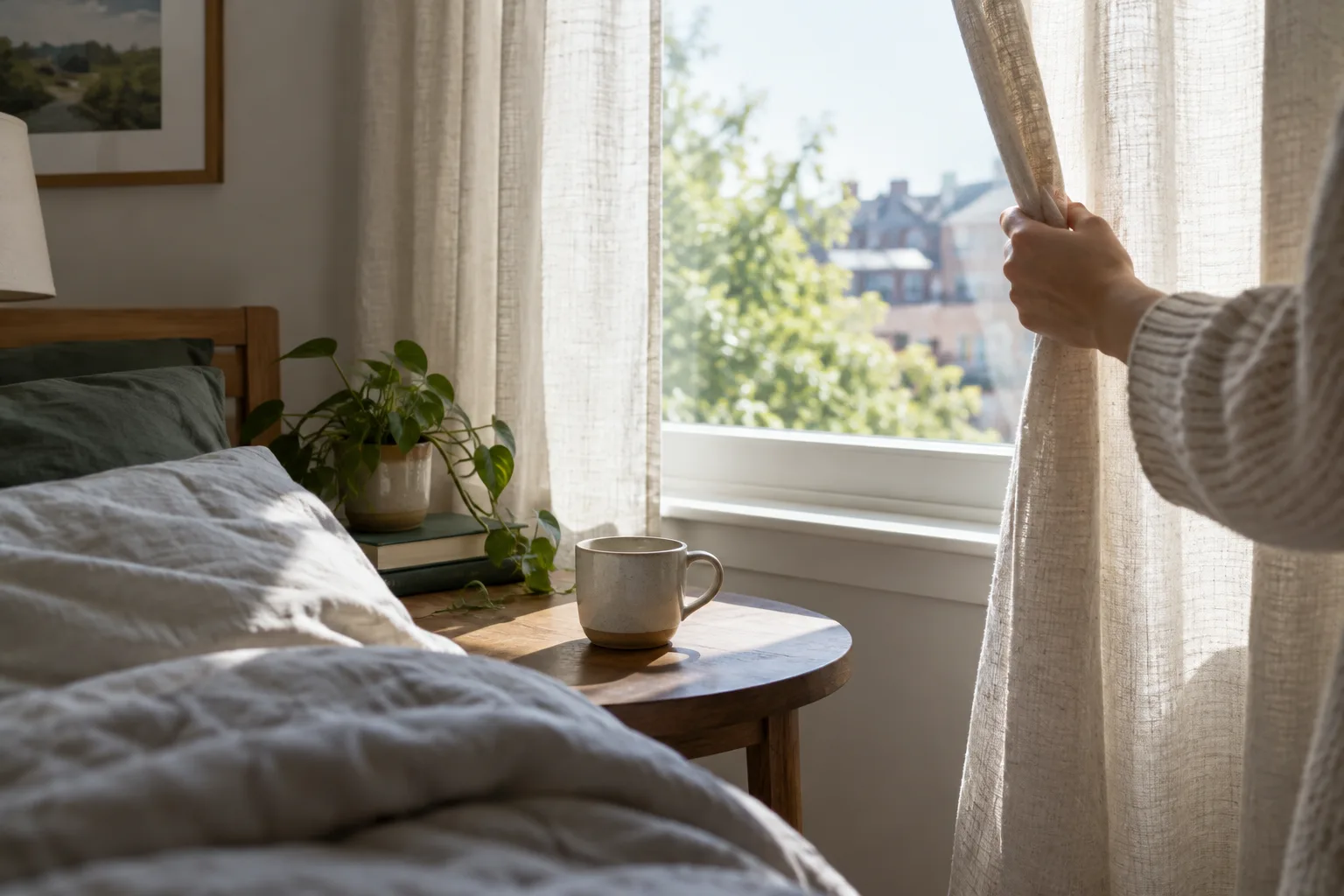 Une main ouvre les rideaux tandis qu’une tasse est posée près de la fenêtre.