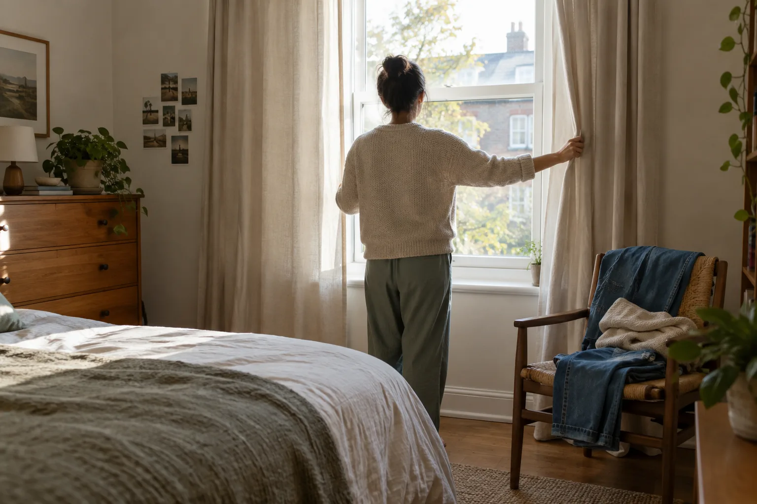 Une personne ouvre les rideaux dans une chambre baignée de lumière matinale.