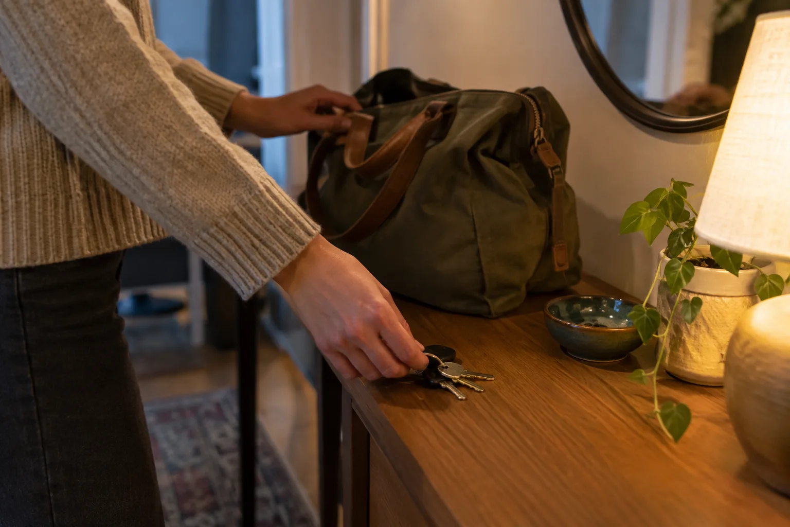 Une main dépose des clés à côté d’un sac préparé dans une entrée.