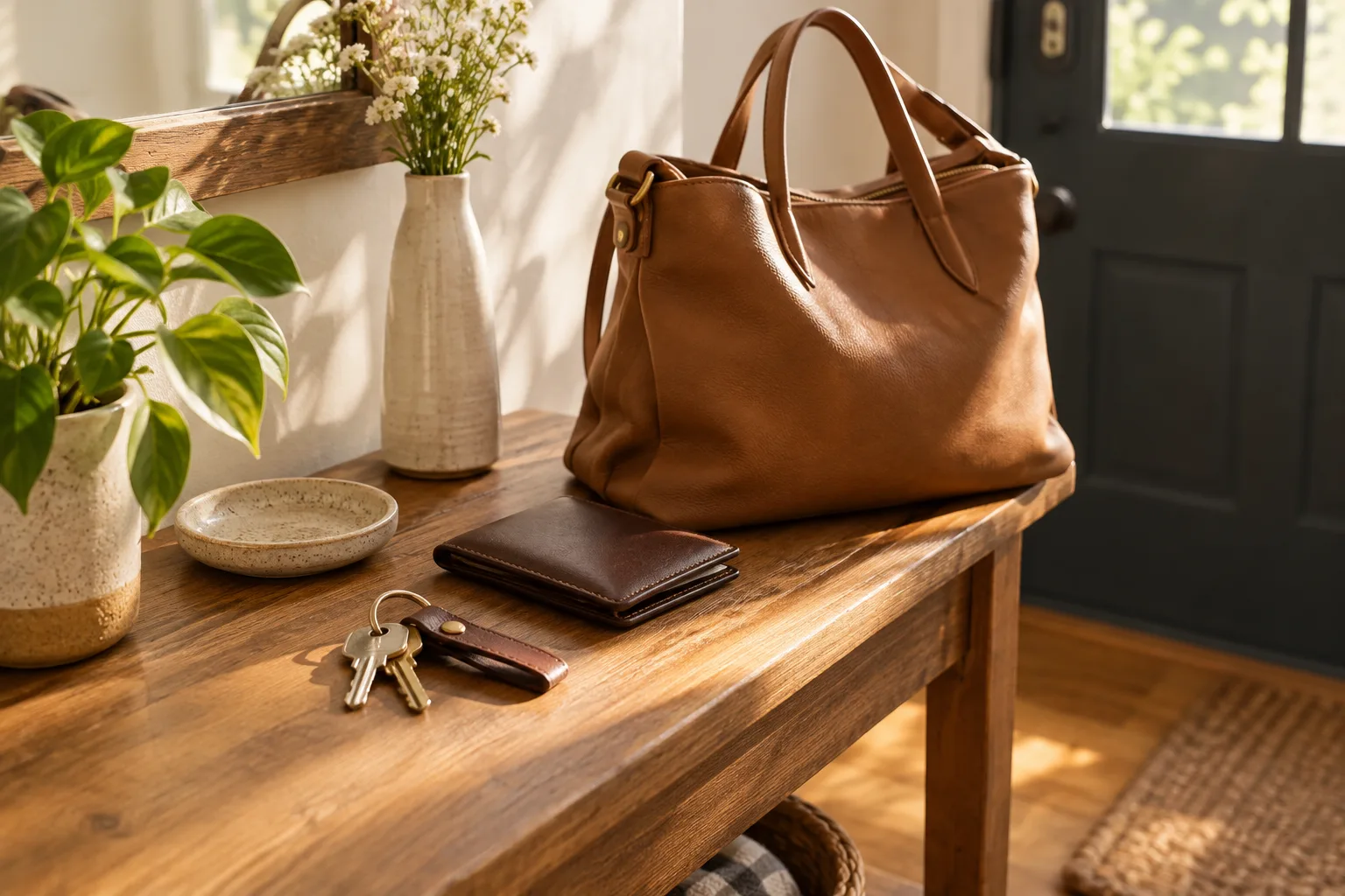 Des clés et un portefeuille sont regroupés sur une petite table près d’un sac.
