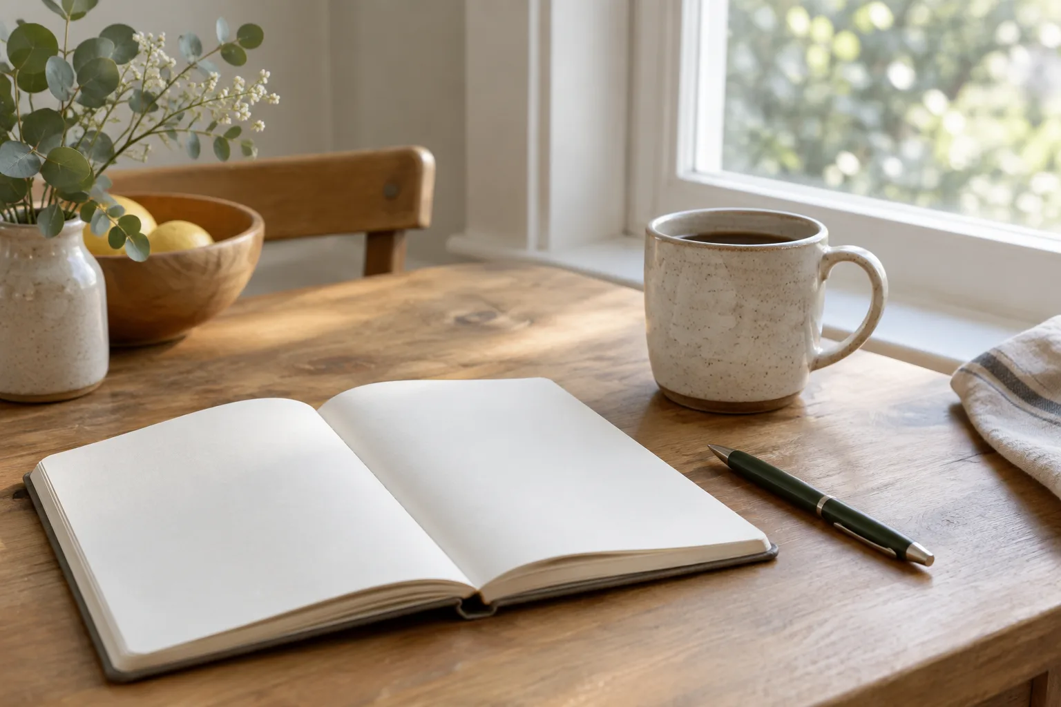 Un carnet ouvert, un stylo et une tasse posés sur une table près d’une fenêtre.