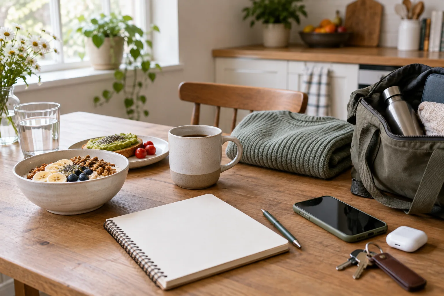 Un petit-déjeuner, un carnet vierge et un sac préparé évoquent différentes façons de commencer la journée.