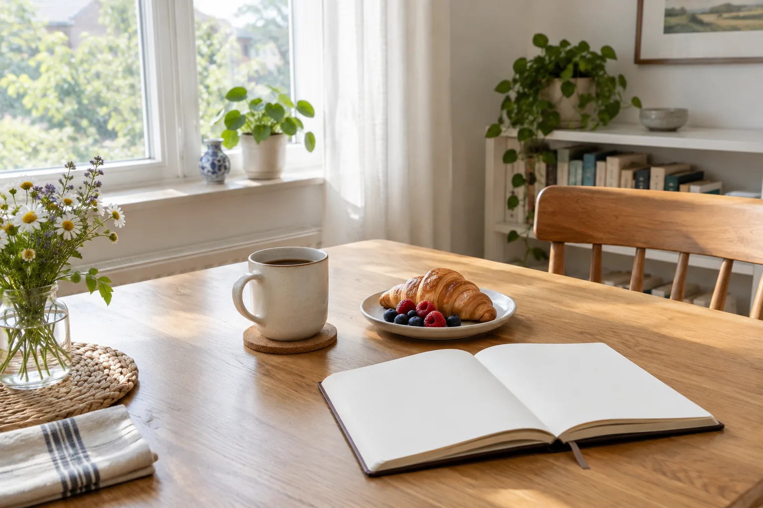 Une tasse et un carnet sont posés sur une table éclairée par la lumière du matin.
