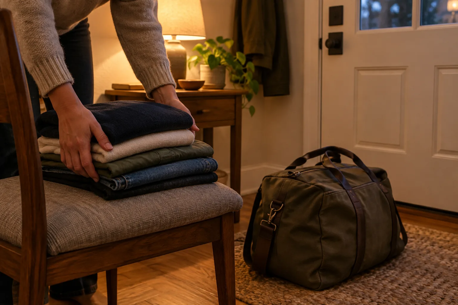 Des vêtements pliés sur une chaise et un sac prêt près de la porte.
