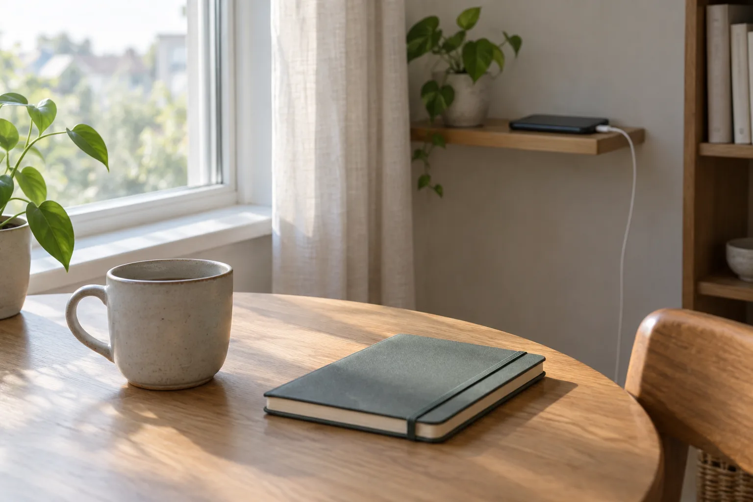 Un téléphone reste à l’écart tandis qu’une tasse et un carnet sont posés près d’une fenêtre.