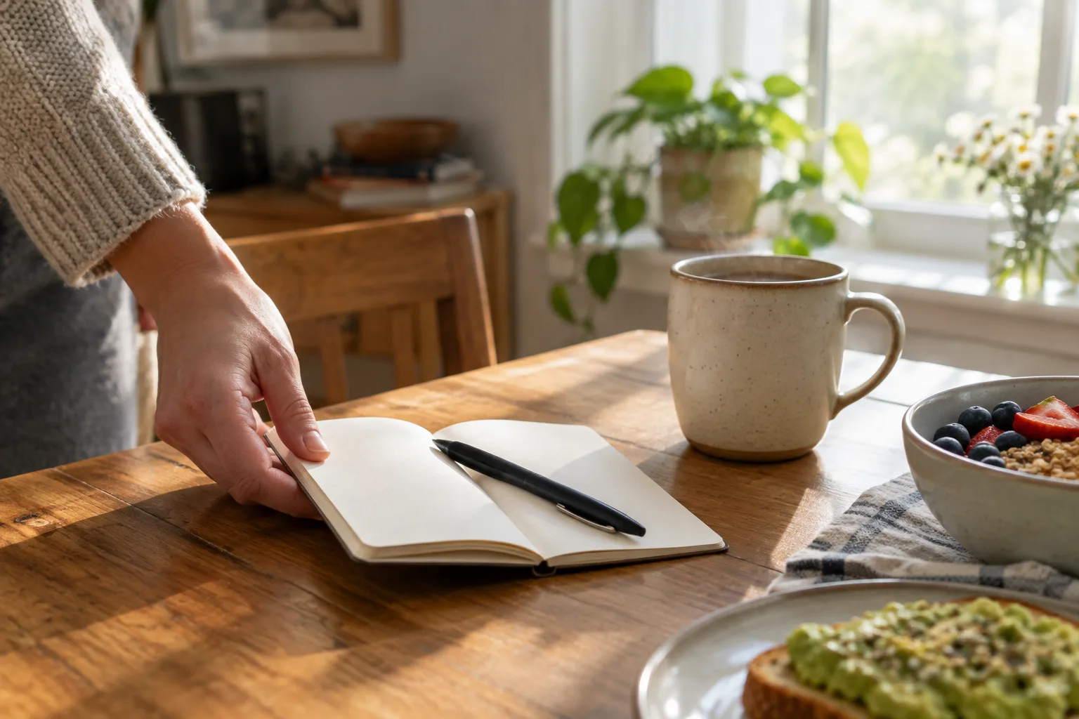Une main pose un carnet et un stylo près d’une tasse sur une table éclairée par la lumière du matin.