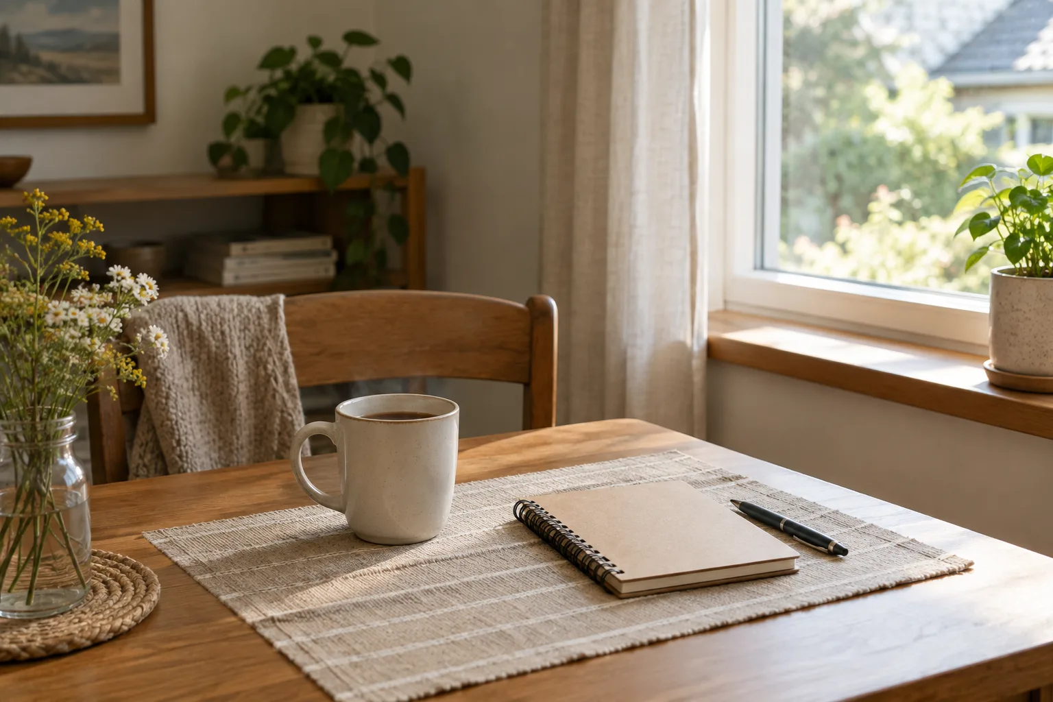 Une tasse et un carnet posés sur une table près d’une fenêtre éclairée par la lumière du matin.