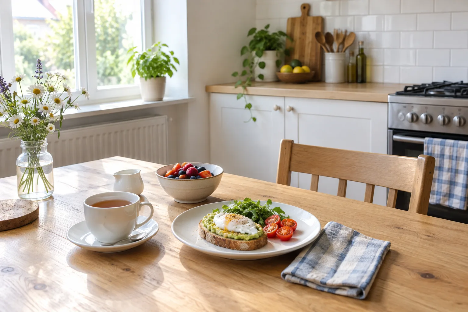 Une tasse et un petit-déjeuner installés sur une table près d’une fenêtre lumineuse.